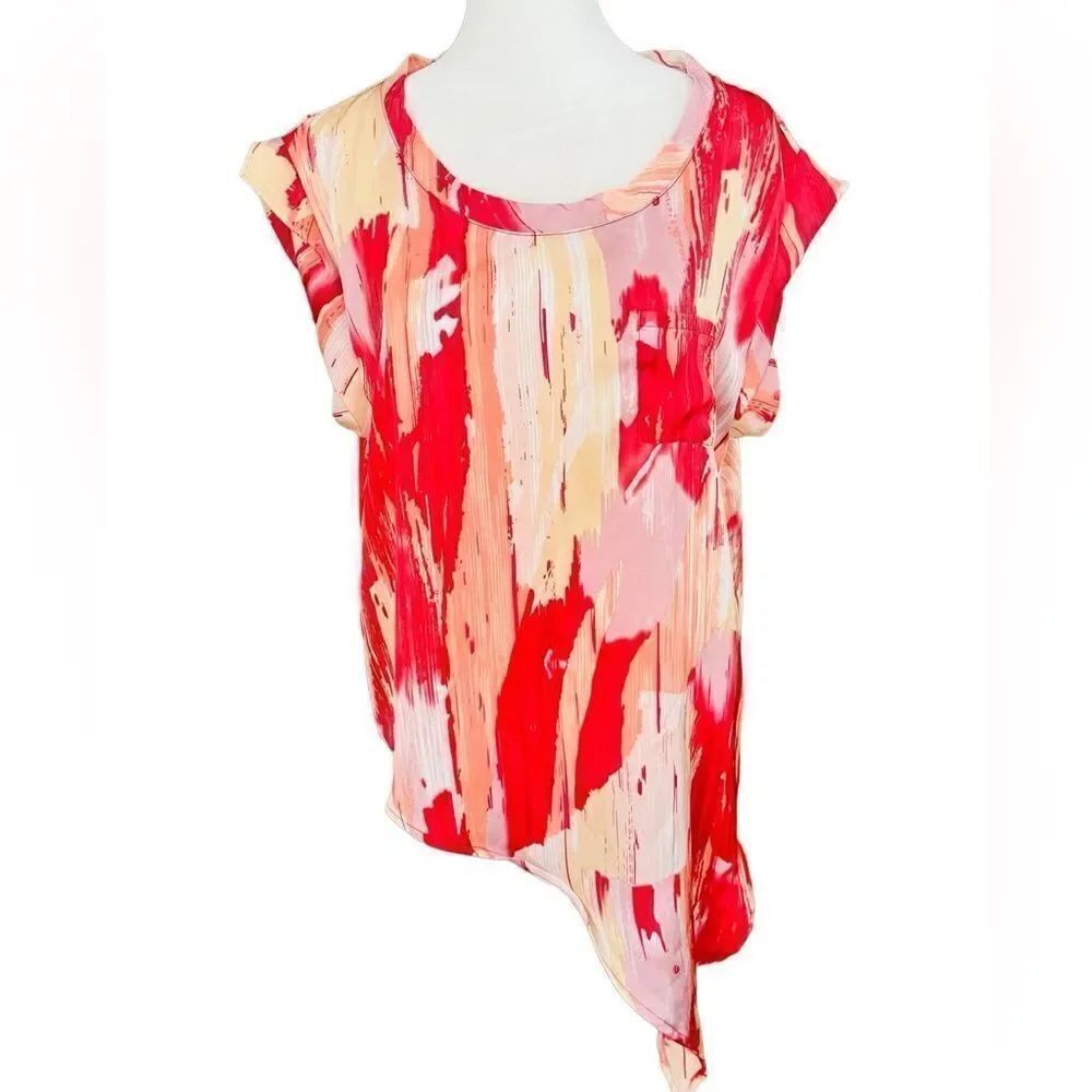 Hale Bob striped scoop neck top, asymmetric hem, cap sleeve, chest pocket size M